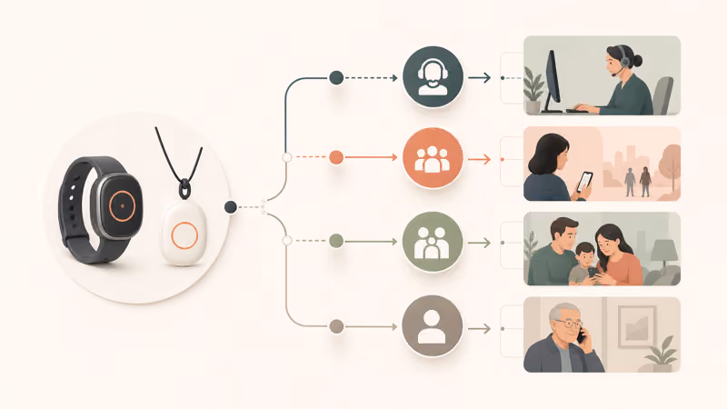 Wordless field-guide illustration separating a staffed monitoring response, public emergency call, family alert, and human backup before choosing a watch or pendant