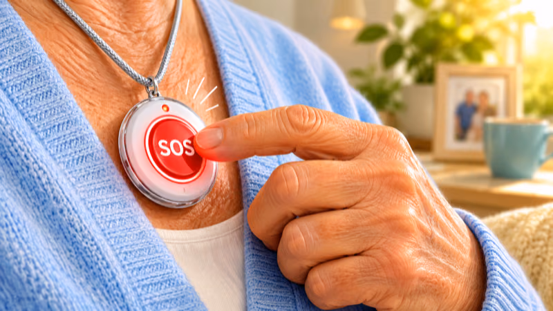 Senior pressing the large SOS button on a medical alert pendant