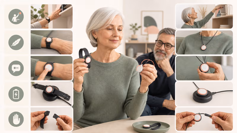 Wordless comparison illustration of an older adult testing watch and pendant reach, comfort, communication, charging, and safe removal without ranking either form