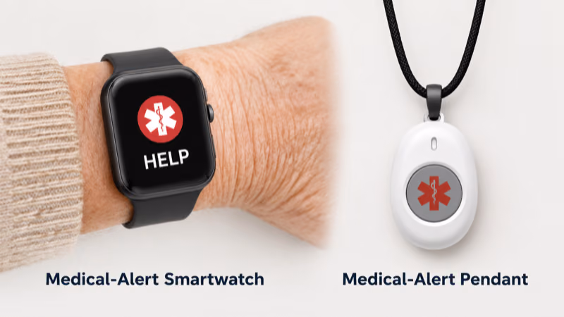 Medical alert watch on a wrist next to a medical alert pendant on a cord