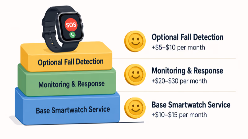Medical Guardian MGMove cost breakdown showing device price, base monitoring, fall detection, and messaging add-ons