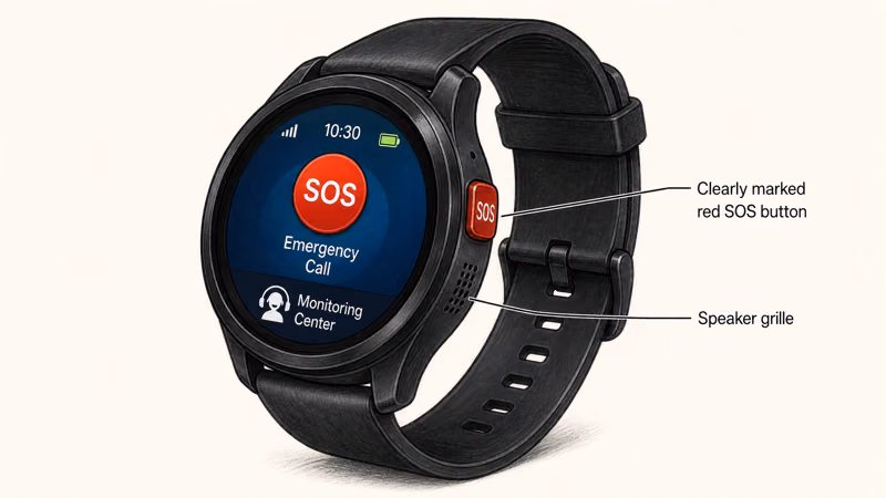 Medical Guardian MGMove smartwatch showing the SOS button, touchscreen, and two-way speaker