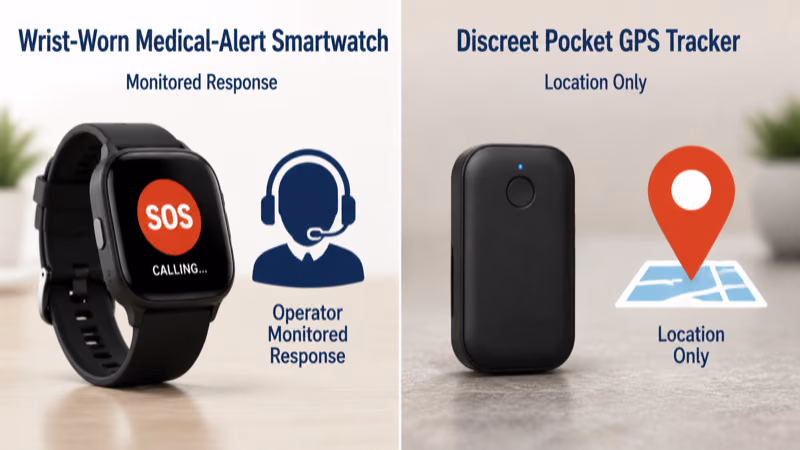 Medical Guardian MGMove monitored watch compared with a self-tracking GPS tracker for seniors