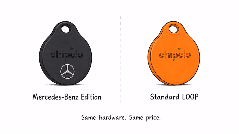 Mercedes-Benz Edition Chipolo LOOP beside the standard orange LOOP, same hardware and price
