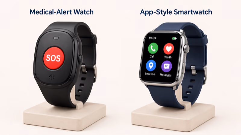 Medical Guardian MGMove and Apple Watch SE compared side by side for senior safety