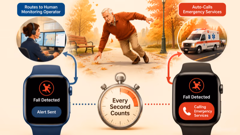 Fall detection compared: MGMove monitored response versus Apple Watch SE auto-911