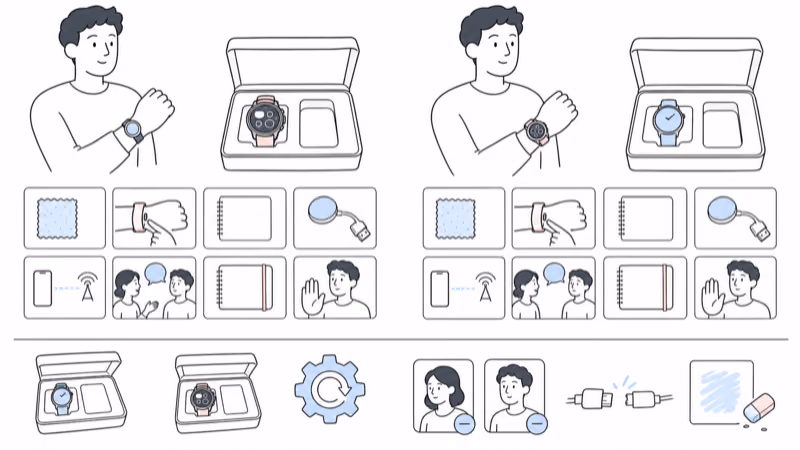 Wordless hand-drawn illustration of two separate voluntary watch trials with fit, controls, setup, charging, connection, human response, privacy, fallback, stop, and offboarding checkpoints