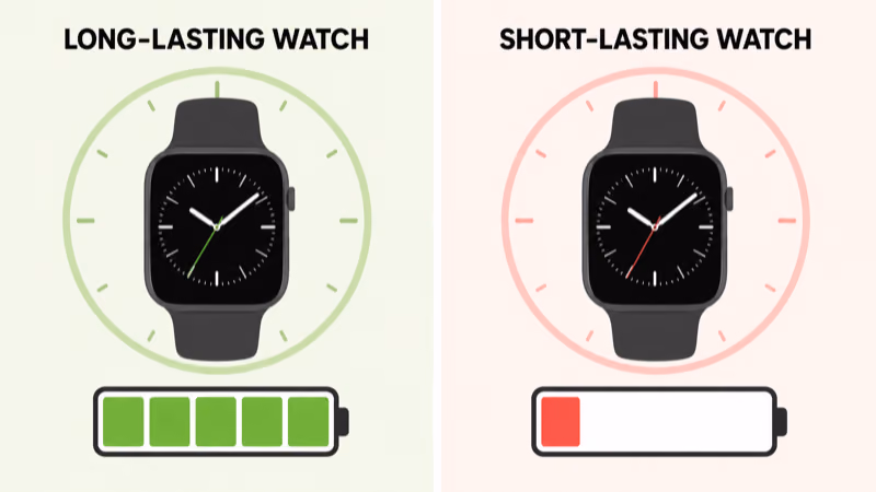 Battery life comparison showing MGMove 24 hours versus Bay Alarm SOS Smartwatch 6 to 8 hours