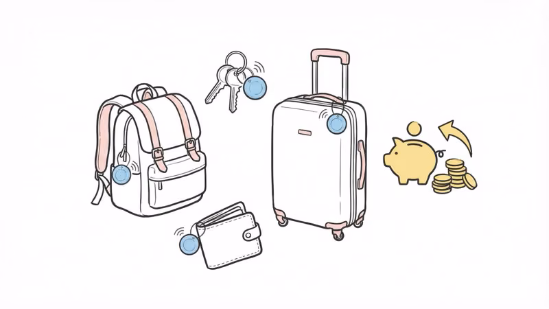 Multiple Momax PinTags attached to keys, bags, and everyday items showing cost savings over AirTags