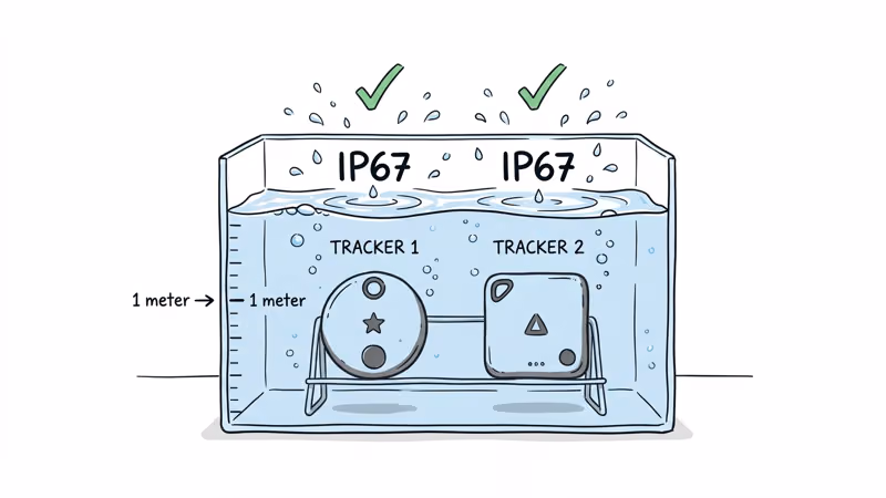 IP67 water resistance comparison between Momax PinTag and Apple AirTag in wet conditions