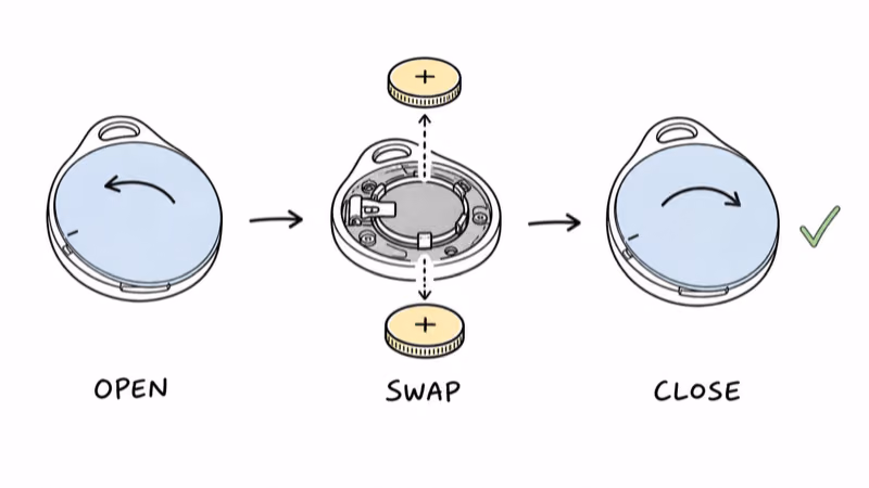 Three steps to replace the Moto Tag 2 coin cell: open the cover, swap the battery, close it