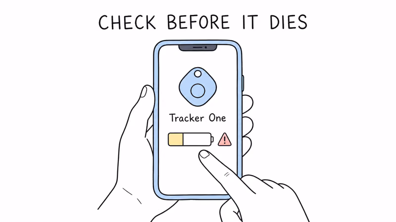 A phone app showing the Moto Tag 2 battery level low with a warning so you replace it early