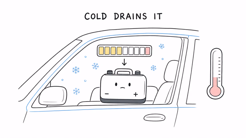 A Moto Tag 2 in a cold car with snowflakes and a draining battery bar showing faster drain