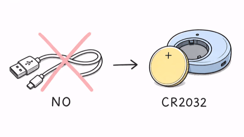 A crossed-out USB cable next to a CR2032 coin cell that replaces it in the tracker