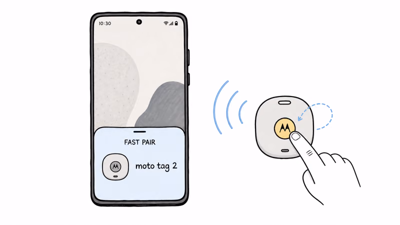 Moto Tag 2 broadcasting a Fast Pair pop-up card to an Android phone after a button press