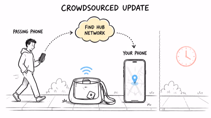How Moto Tag 2 crowdsources its location from nearby Android phones, explaining stale pins