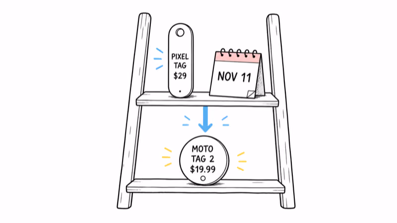 Notion hand-drawn ladder with Pixel Tag at $29 and a November 11 calendar on the upper rung pressing down on Moto Tag 2 at $19.99 below
