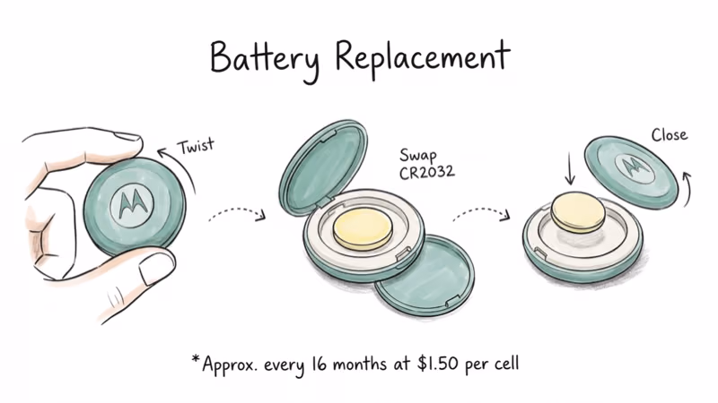 Three-step Moto Tag 2 CR2032 battery replacement flow showing twist swap and close
