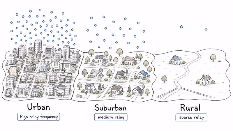 Google Find Hub crowd-sourced relay density across urban suburban and rural areas showing how Moto Tag 2 location update frequency varies
