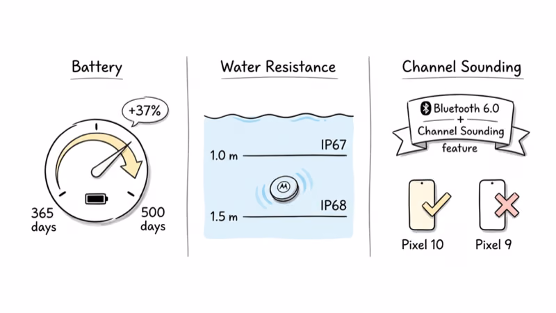 Hand-drawn diagram of the three Moto Tag 2 upgrades: battery life IP68 water resistance Channel Sounding