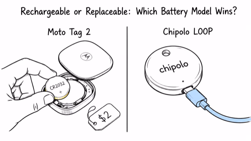 Replaceable CR2032 coin cell swap on Moto Tag 2 versus rechargeable USB-C battery on Chipolo LOOP