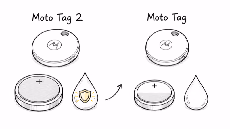 Hand-drawn comparison of Moto Tag 2 and original Moto Tag battery life and water resistance ratings
