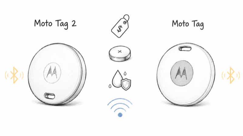 Hand-drawn side-by-side overview of Moto Tag 2 and the original Moto Tag comparing price, battery, water resistance, and radio generation