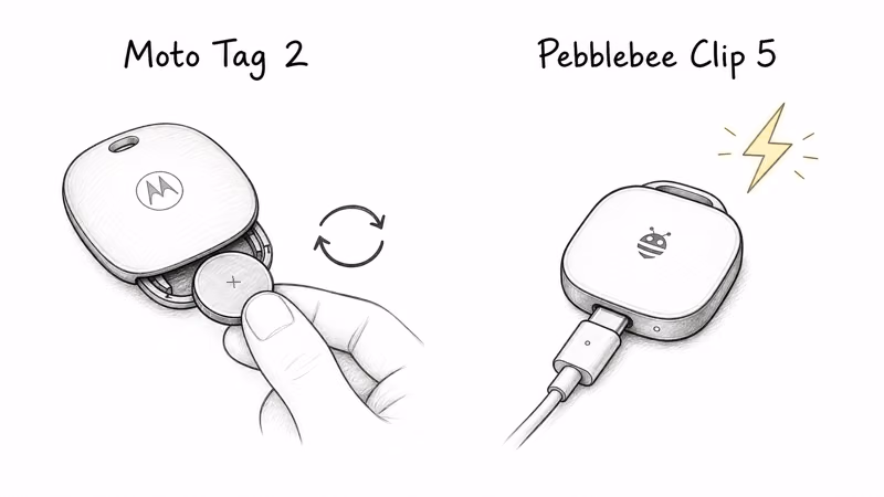 Hand-drawn comparison of Moto Tag 2 replaceable coin cell versus Pebblebee Clip 5 USB-C rechargeable battery