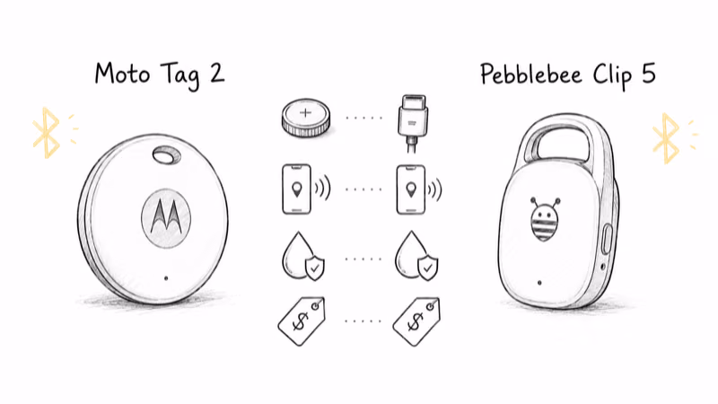 Hand-drawn side-by-side overview of Moto Tag 2 and Pebblebee Clip 5 comparing battery type, network, water resistance, and price