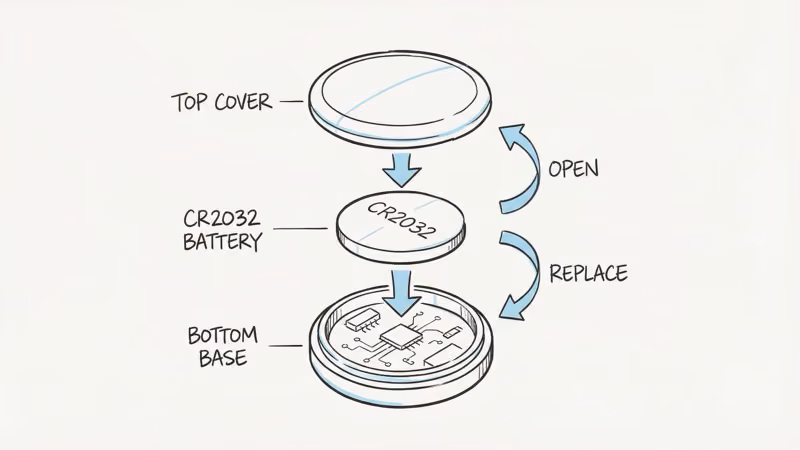 Exploded view of Moto Tag showing CR2032 battery replacement process