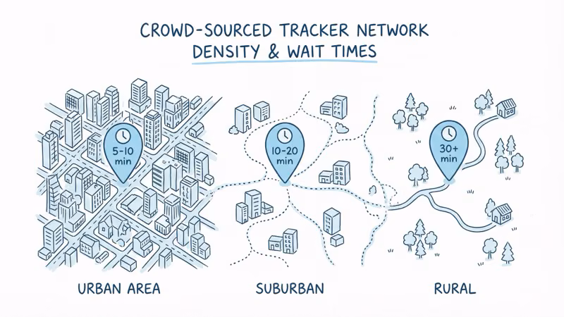 Map showing Moto Tag location report times across urban suburban and rural areas