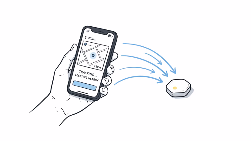 Phone screen showing UWB directional arrows pointing toward nearby tracker