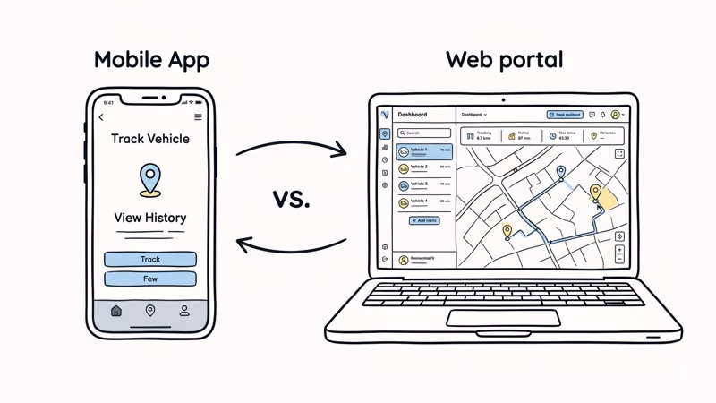 MOTOsafety mobile app interface alongside web dashboard portal side by side comparison