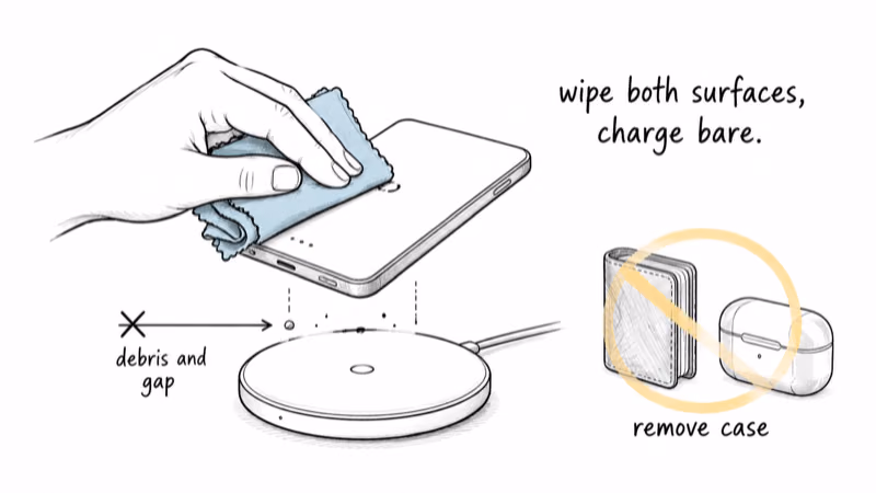 Wiping debris off the Nomad card and removing a thick case before charging it bare on the pad
