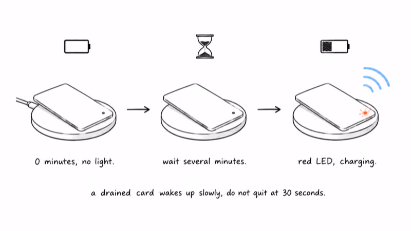 Timeline showing a drained Nomad card taking several minutes before the red charging LED appears