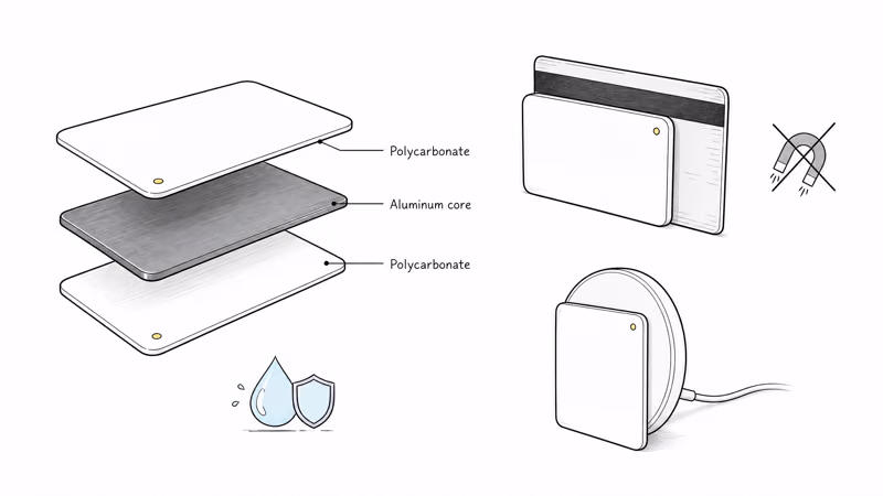 Exploded cross-section showing the aluminum core sandwiched between two polycarbonate layers with a waterproof shield