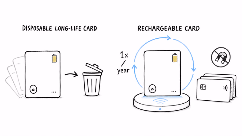 Disposable long-life tracking card thrown away versus a rechargeable card topped up on a wireless pad