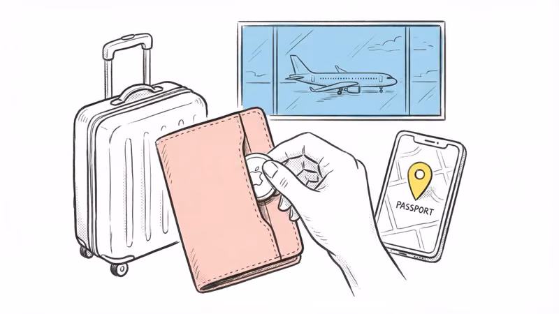 Passport holder with AirTag going through airport security screening