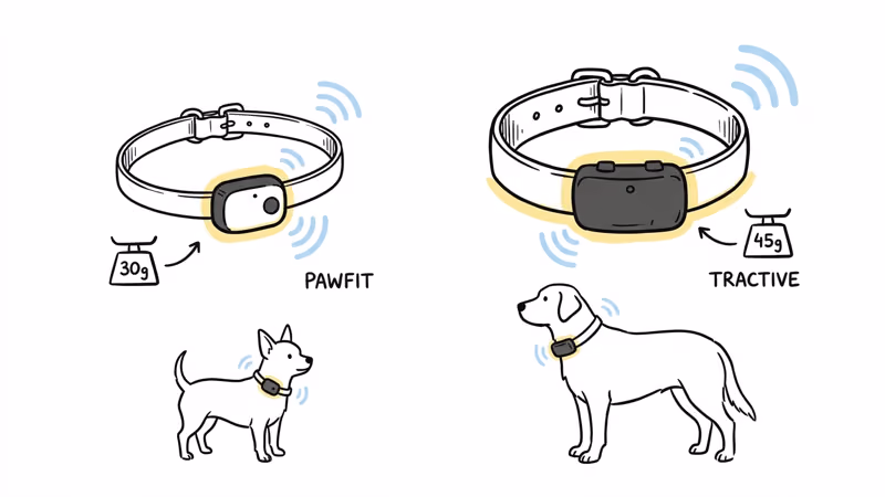 Pawfit vs Tractive tracker size and weight comparison on dog collars