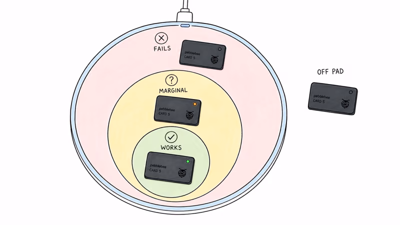 Pebblebee Card 5 placement zones on a Qi charging pad showing center-charge zone and off-center failure zones