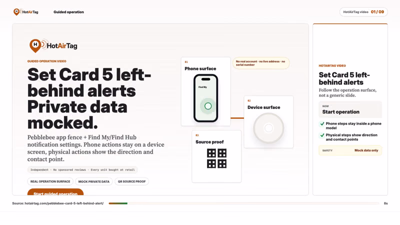 Watch: set up Pebblebee Card 5 left-behind alerts with sample zones.