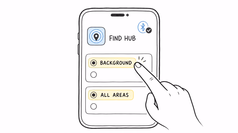 Find Hub app permission set to background location and network coverage set to all areas on Android