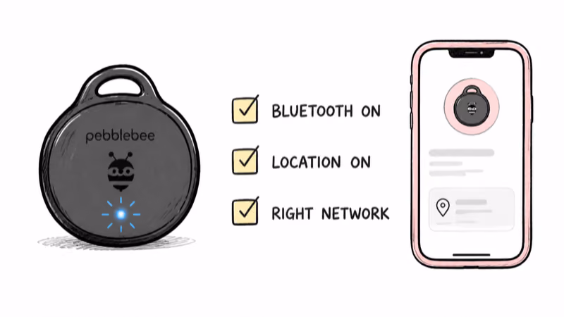 Charged Pebblebee Clip that won't connect: check Bluetooth, location, and that it's on the right network