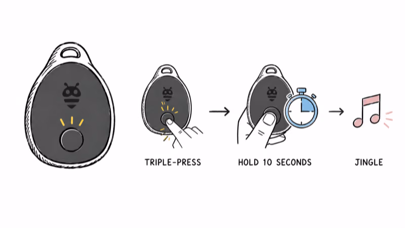Pebblebee Clip factory reset with a triple-press then a 10-second hold, confirmed by a short jingle