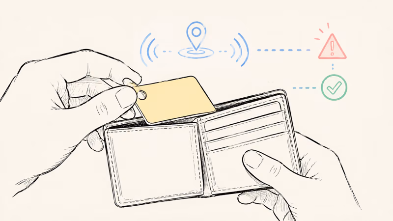 A thin card tracker sliding into a wallet billfold