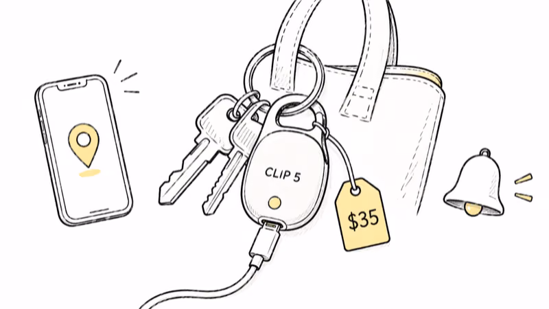Pebblebee Clip 5 clipped to keys and a bag, charging over USB-C at the $35 price