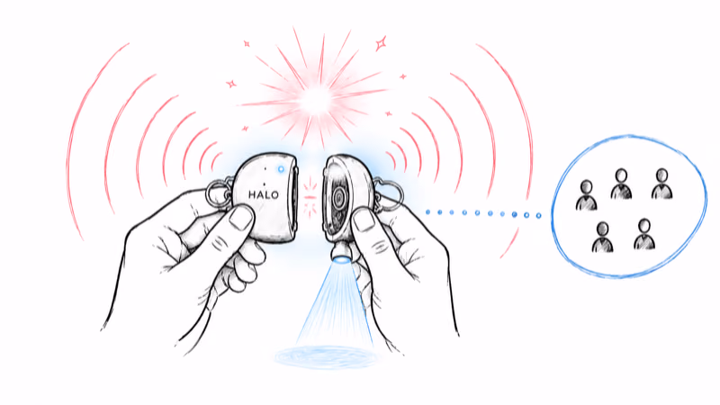 Pebblebee Halo pulled apart to trigger its 130dB siren, strobe, and five-contact SOS