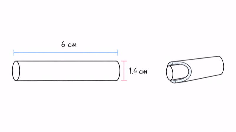 Diagram of a narrow cylindrical tracker with 6 cm length and 1.4 cm diameter measurements