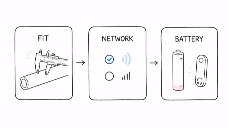 Checklist diagram for fit, network choice and replacement battery access
