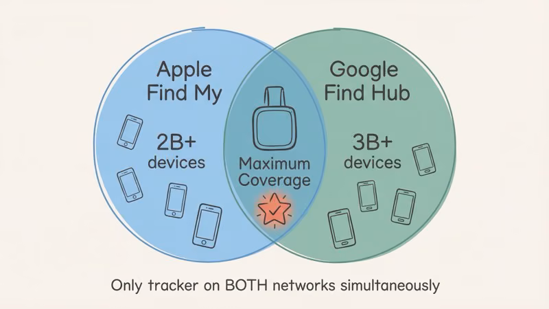 Pebblebee Clip 5 dual-network coverage using Apple Find My and Google Find Hub simultaneously